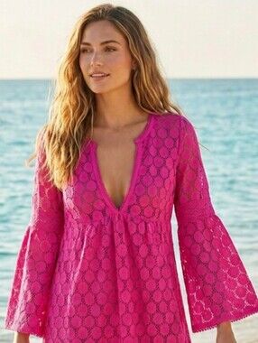 Loft Ann Taylor Eyelet Lace Crochet Babydoll Beach Top Blouse 3/4 Bell Sleeves